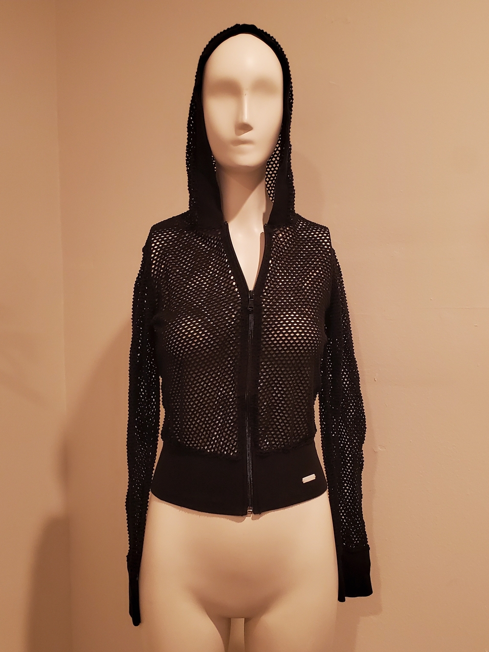 Guess Jeans Black Fishnet Open Mesh Cropped Full Zip Hoodie S